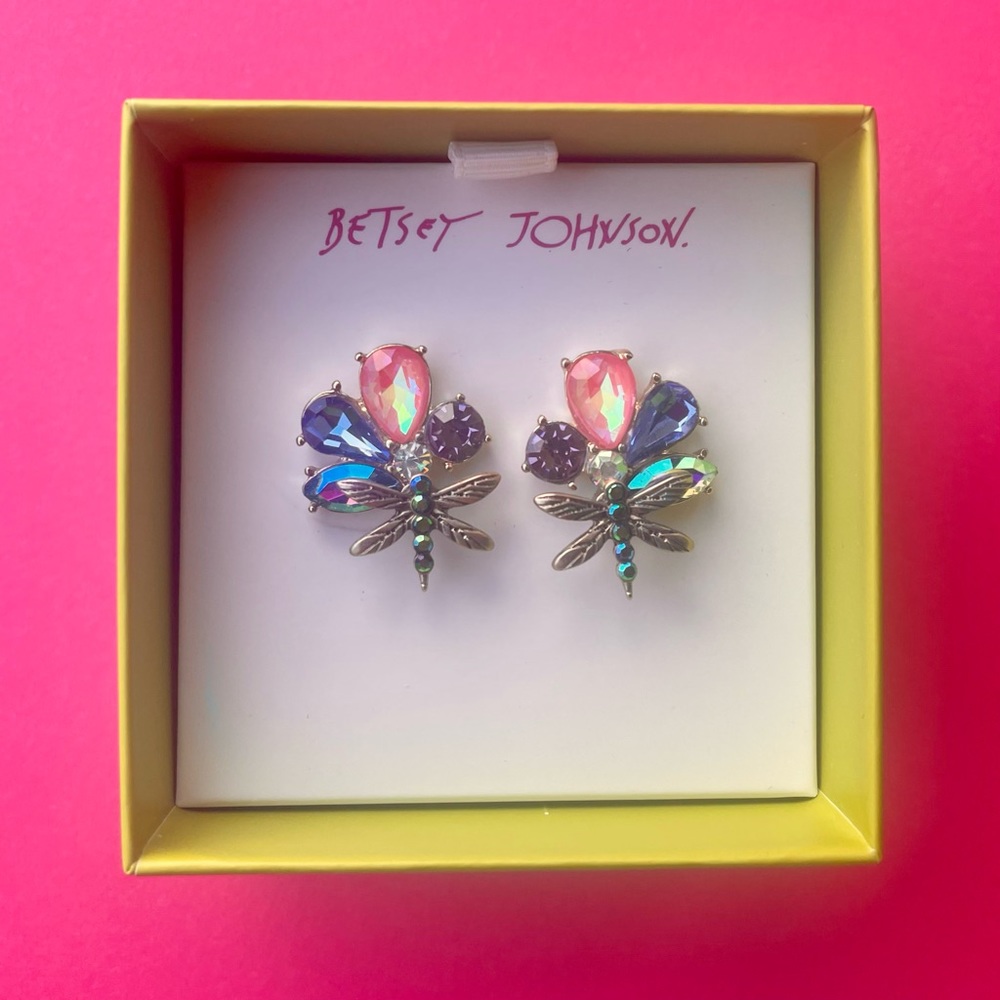 NWT Betsey Johnson Dragonfly or Butterfly Rhinestone Flower Earrings